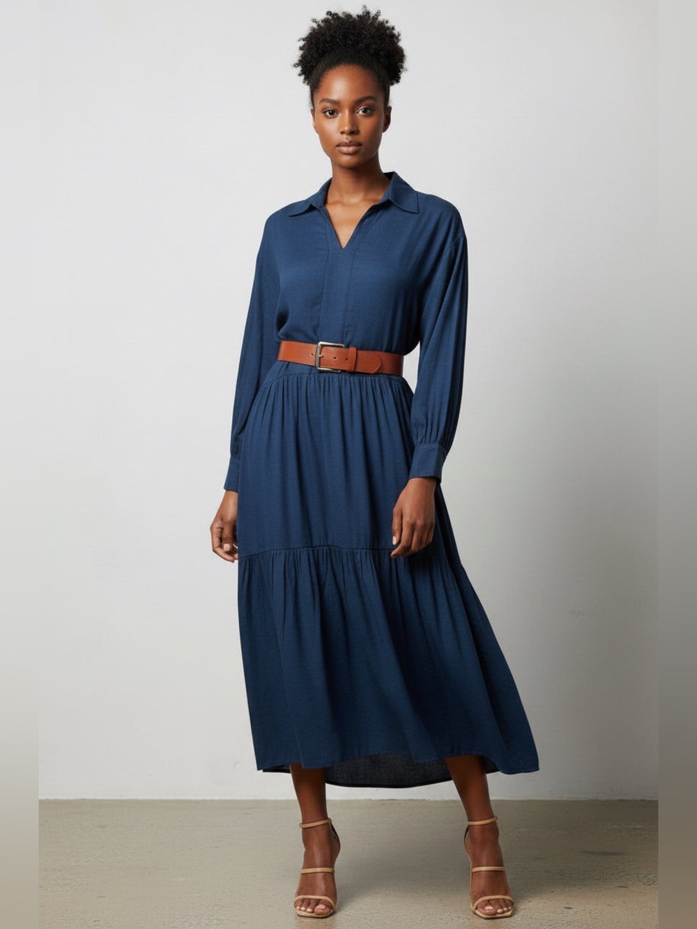 Classic Navy Blue Tiered Maxi  Dress with Red Belt
